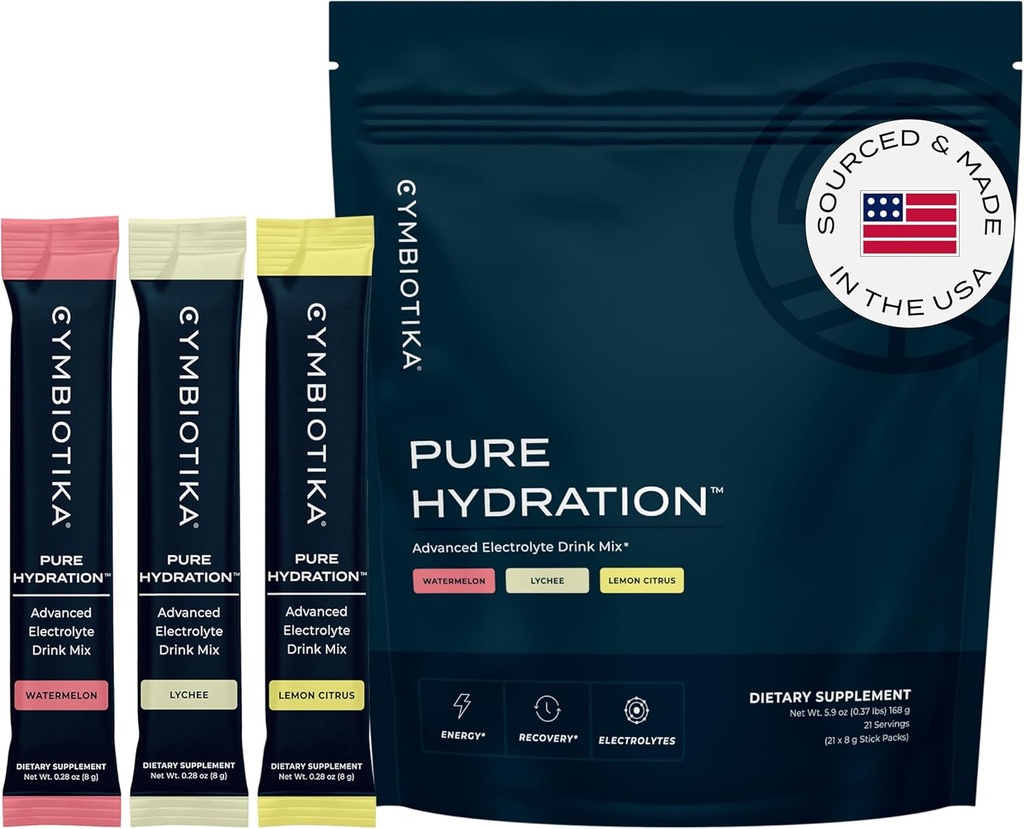 CYMBIOTIKA Pure Hydration Electrolytes Powder Drink Mix z witaminą C & Magnezu, Keto Friendly Electrolyte Hydration Pakiety, Odmiana Pack, Lemon, Lichee & Arbuz, 7 Każdy, 21 Pakiety stick