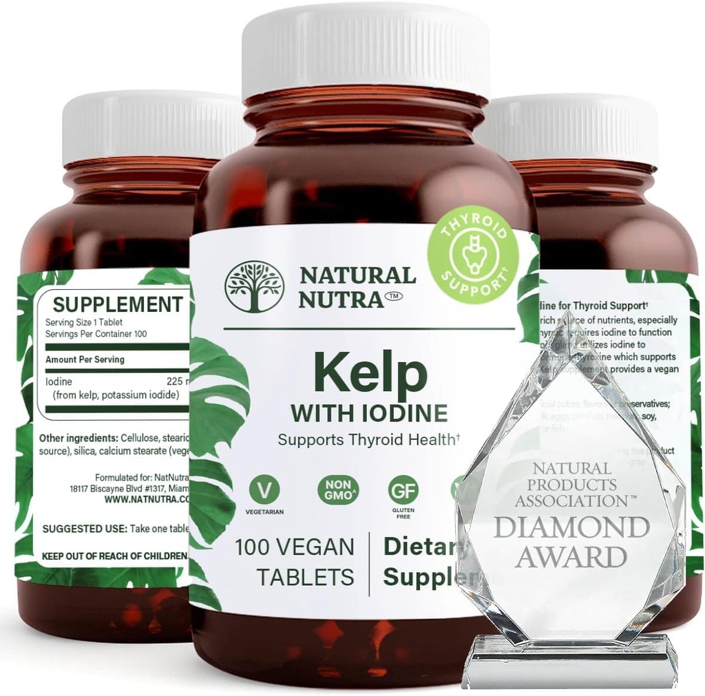 Natural Nutra Kelp Jod Tyroid Supplement Supplement, wzmacnia system immunologiczny i reguluje metabolizm, Wegańskie Kelp, Nie GMO, Atlantic Sourced Seaweed Extract, 225 µg, 100 Tablets