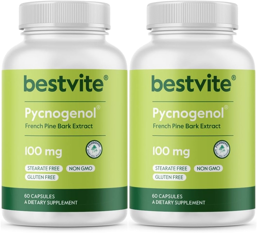 BESTVITE Pycnogenol 100 mg (120 kapsułek) (60x2) - Ekstrakt z kory sosnowej - bez stearynianów - bez glutenu - bez GMO