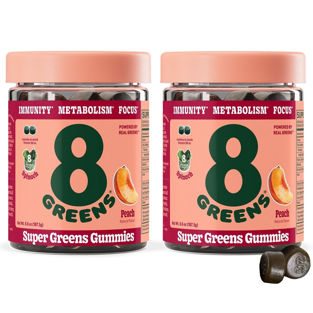 8Zieloni Supergreens Gummies Between 124; Super Zieloni w proszku Superfood Gummy do metabolizmu, Immunitet & Focus, Żywność Enzymy zdrowia, Organiczne: Chlorella, Spirulina, Aloe Vera, Peach Flavor, 100 Hrabia