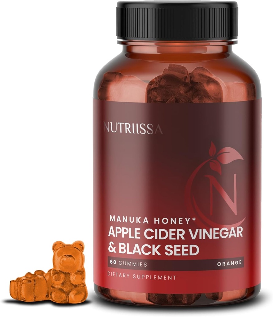 Nutrissa - Jabłko Cydr Ocet + olej z czarnego nasion + Elder Berry + Manuka Honey Gummies - Cold- Pressed Cmin Seed Nigella Sativa - EPEB Certified for Pure & Potency - 60 Orange Flavored Gummies