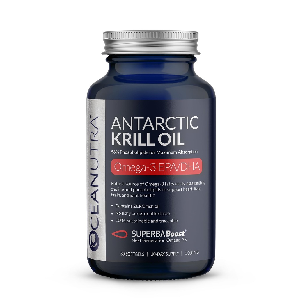 100% Czysty olej krylowy 1000mg, Omega 3, Najwyższe stężenie 56% fosfolipidów, Cholina i Astaksantyna, Zrównoważony SuperbaBoost Antarktyki, DHA, EPA, Serce, Mózg, Oko i pielęgnacja skóry, No Fish Oil