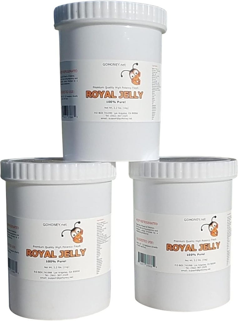 Royal Jelly Organic - Niefiltrowany Surowiec Royal Jelly Suplement energetyczny dla mężczyzn i kobiet - Suplement wsparcia immunologicznego z Retinol, Witamina B, Biotin, Niacyna, - 3x2.2 Lbs, Plastic Jar
