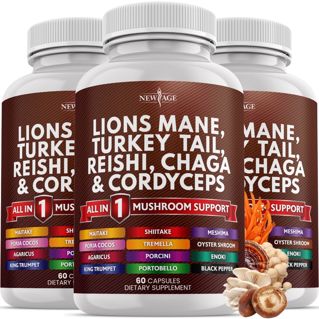 Nowy wiek Lions Mane Mushroom Suplement z Turcji Ogon Reishi Cordyceps Chaga z Marshmallow Root 180 Count