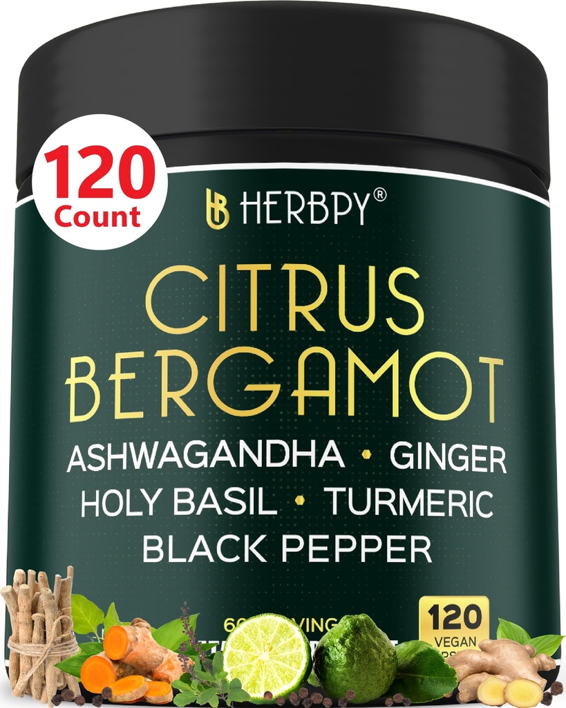 6in1 Citrus Bergamot Suplement z Ashwagandha, Święty Bazylia, Turmeric & Ginger Root - Zdrowe Starzenie, Immune & Relaxation - 120 Kapsułki wegańskie