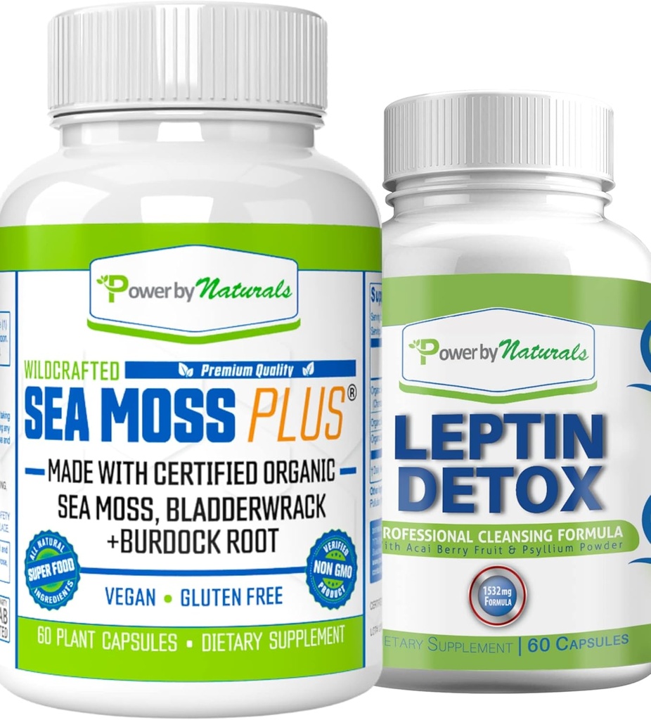 Power By Naturals: Organic Sea Moss i Leptin Detox Bundle - 60 Kapsułki wegańskie każdy - Plant- based, Gluten- Free Suplement do wzmocnienia immunologicznego i naturalne czyszczenie