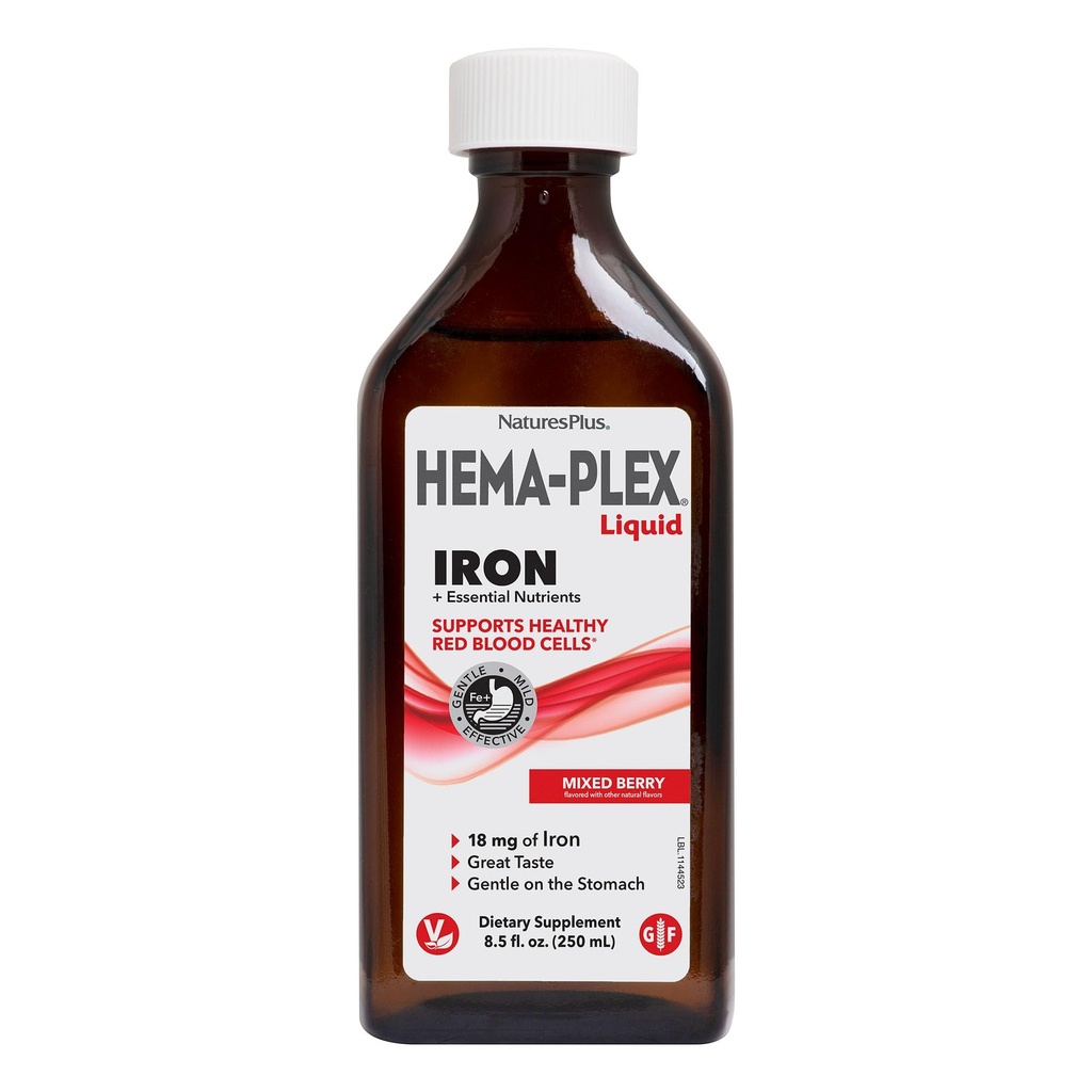 NaturesPlus Hema- Plex Liquid Iron, Mieszane Wisienki - 8.5 oz - Żelazo & Podstawowe składniki odżywcze - Wegan, Gluten Free - 25 Sługi