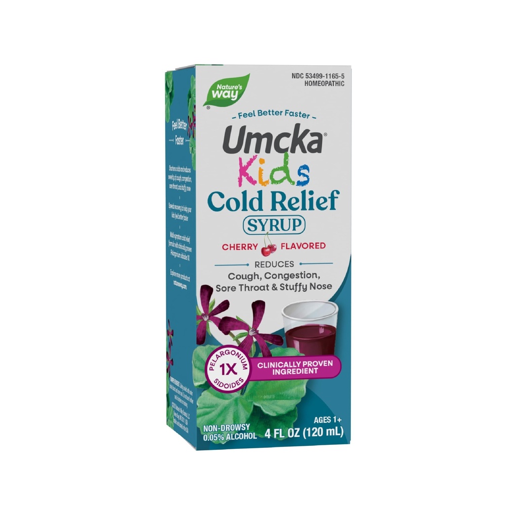 Nature 's Way Cold Relief Syrop dla dzieci 1 +, Umcka, Krótki czas trwania i zmniejsza nasilenie, Wieloobjawowy Cold Relief, Homeopatic, Fenylephrine Free, Cherry Flavored, 4 Fl Oz (Packaging May Vary)