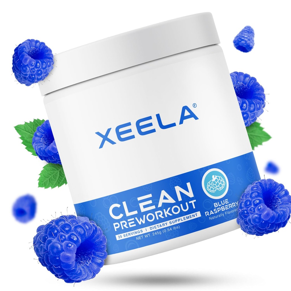 XEELA Pre Workout Powder - Czysty i Tested - Jitter Free, Safe, i Natural - Wzrost energii termogenicznej, Focus, i Endurance w / Creaine, Kofeina organiczna i roślin oparte cytrulina (Blue Malina)