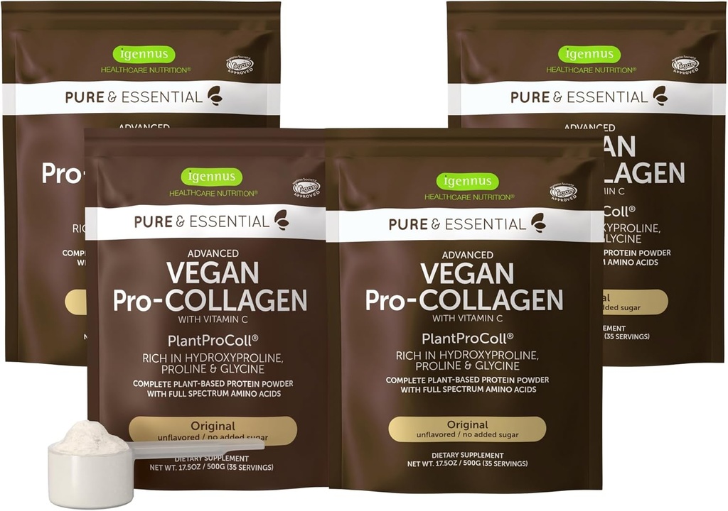 Igennus Vegan Collagen Peptyde Proszek, wzmocniony glicyną, Proline & Hydroxyproline & Cofactor Witamina C, Nie GMO, Kompletna roślina roślinna oparte na Collagen Proszek Booster, 4 x 35 Służenie