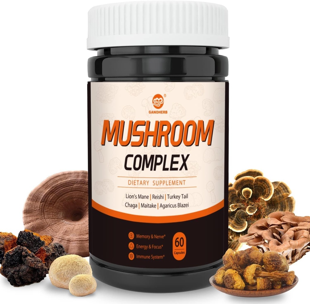 Mushroom Supplement Complex, Lions Mane, Reishi, Turcja Ogon, Chaga, Maitake, Agaricus, 6 Wysoka wytrzymałość Organic Mushroom for Energy, Focus, Pamięć i Wsparcie systemu immunologicznego