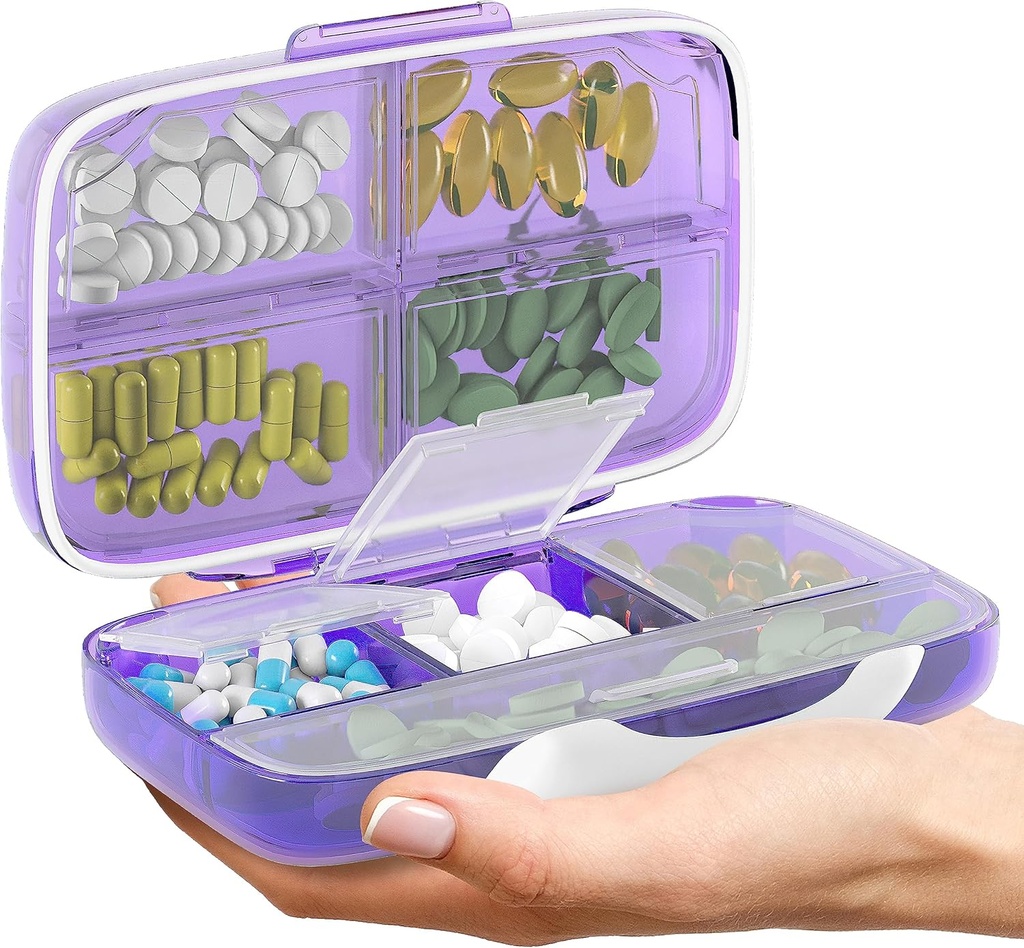 Travel Pill Organizator - hermetyczny lek Case for Traveling Portable Pharmacy Box z etykietami Witamina Pojemnik 8 Komplementary Medication Holder Dużą Pojemność Codziennie (Purpurowy)