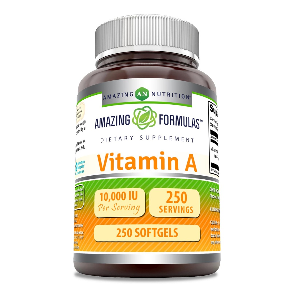 Niezwykłe witaminy A 10000 j. m. suplement XI124; jako Retinyl Palmitate 124; 3000 Mcg XI124; Softgels XI124; Non-GMO XI124; Gluten Free XI124; Made in USA (1 Pack, 250 Count)
