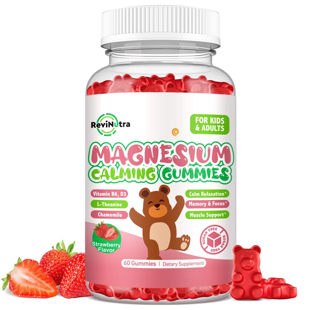 Magnezu Gummie dla dzieci - Magnezu Gummies Suplement z L- Theanine, Witamina B6, D3 dla dzieci i dorosłych Sleep, Spokój, Relaks, Mózg, Kości, Cukier Wolna Truskawka 60ct