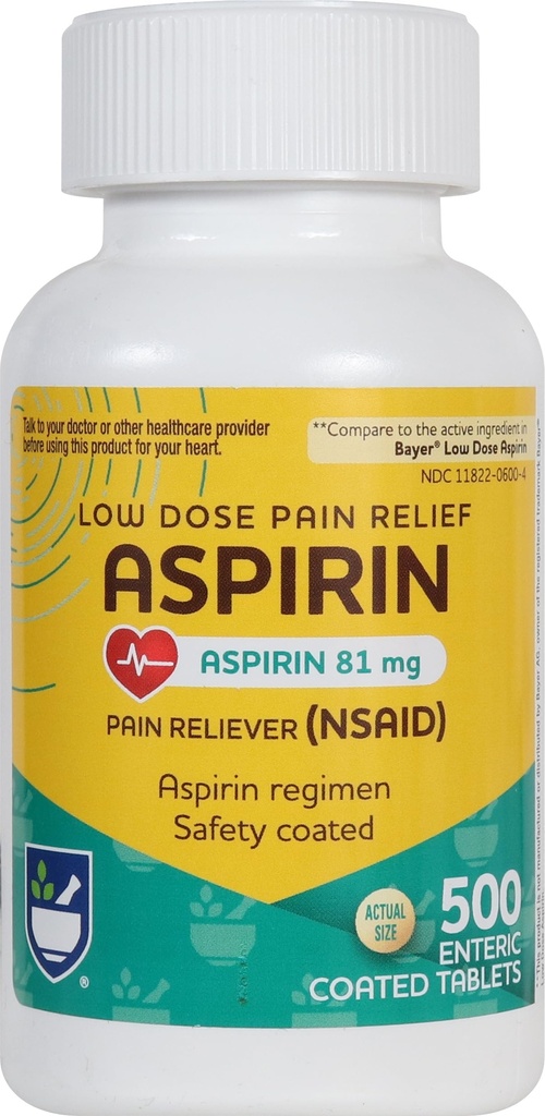 Rite Aid Aspirin Enteric Tablets - 81 mg Aspiryna - 500 Hrabia - Niska dawka na ból głowy Relief - Bezpieczeństwo Pokryte - Regulacja aspiryny - Medycyna migreny - Ulga bólowa