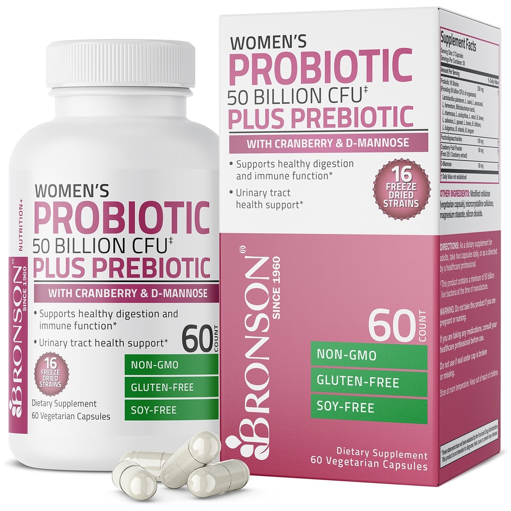 Bronson Kobiety Probiotyk 50 Miliard CFU + Prebiotyk z żurawiny & D- Mannose - Zdrowie pochwy, Zdrowe trawienie, Immunitety Funkcje i Urynary Tract Support, Non-GMO, 60 Kapsułki wegetariańskie