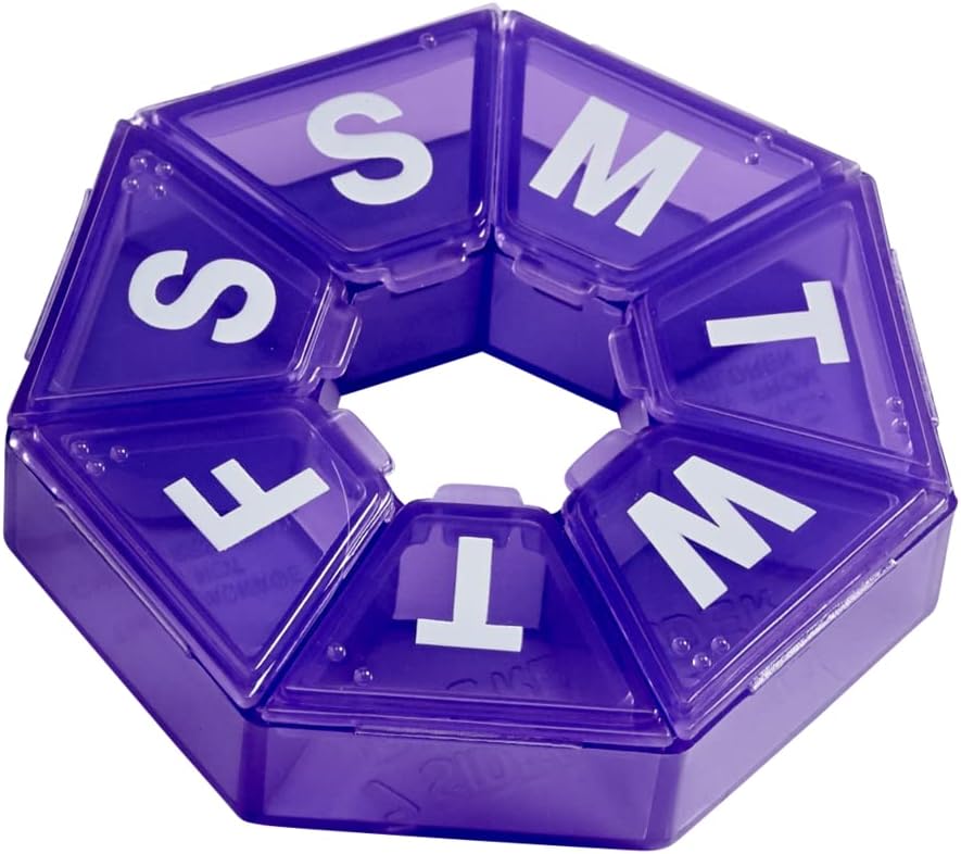 EZY DASE Cotygodniowy Pill Organizator, Medicine Box, i Planer witaminy, Travel Pill Planner, Przenośne Magazynowanie, 7- Sided, Purple, BPA Free