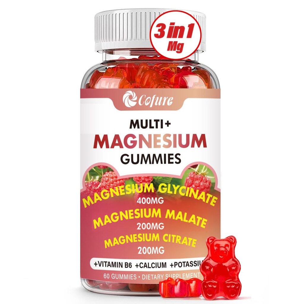 Triple Magnezu Complex 900 mg, Magnezu Glicynian, Cytrate, jabłczan z potasu, Wapnia, Witamina B6 dla uspokojenia i snu - Wegan, Non-GMO, Gluten Free - 60 Malina Gummies dla dorosłych