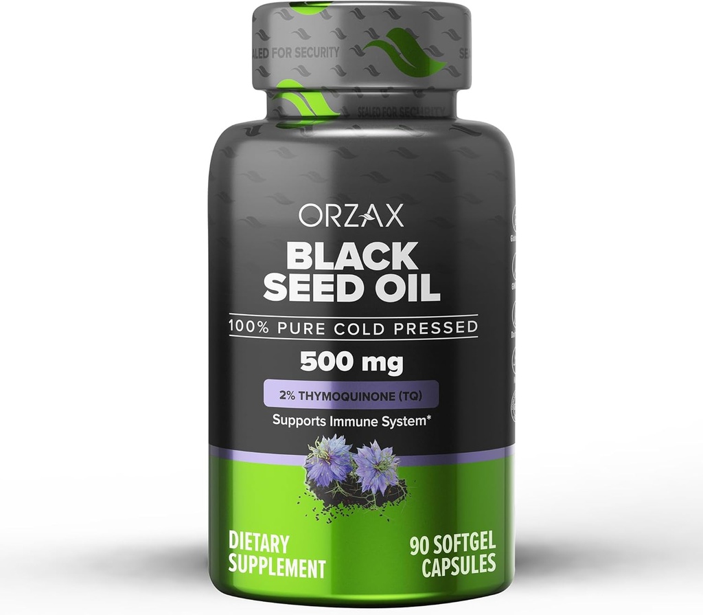 ORZAX Olej z nasion czarnego wyciskany na zimno 100% Czysty 124; Non-GMO - bogaty w Omega 3 6 9 i Thymoquinone 124; Czarny Cumin Nigella Sativa oleju do wsparcia immunologicznego, Włosy, Skóra, Twarz (500 mg - 90 kapsułki Softgel)