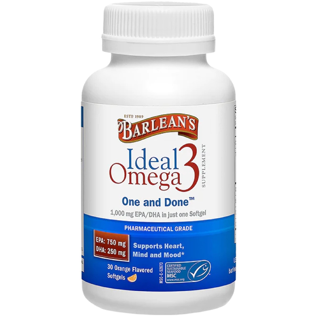 Barlean 's Ideal Omega 3 Suplement odżywczy Softgels z 1000 mg EPA / DHA dla serca, umysłu i nastrojów - Certyfikowany zrównoważony Seafood, stopień farmaceutyczny - 30- Count