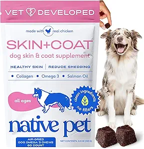 Native Pet Omega Skin and Coat Chews for Dogs - Dog Skin and Coat Supplement for Healthy, Shiny Fur, Reduce Shedding and Dry Spots - Made with Omega 3 Fish Oil and Wild-Caught Salmon Oil - 60 Chews