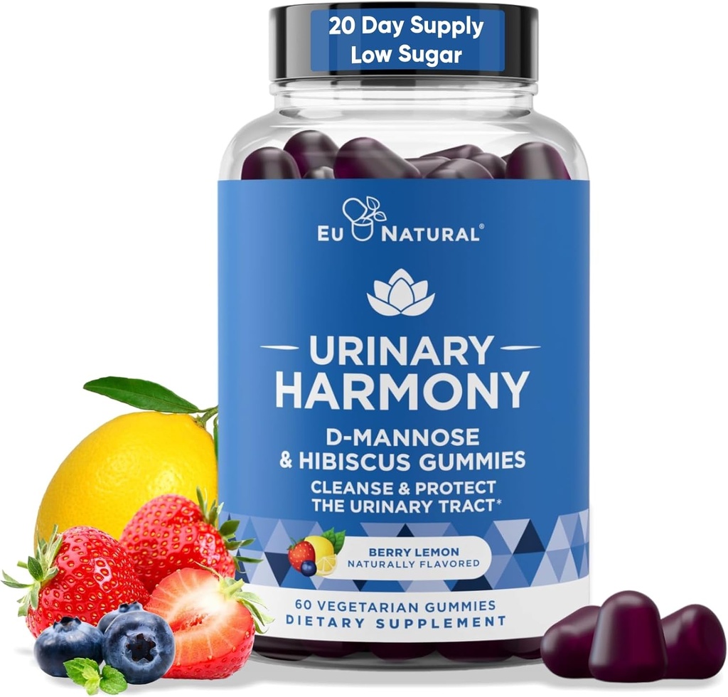 Urynary Harmony D Mannose Gummies for Urnary Tract Health - D- Mannose & Hibiscus Cleanse, Flush & Protect the Urnary System - Pothent Formula, Drug Free - 60 Berry Lemon Flavor Gummies, 20 Day Supply