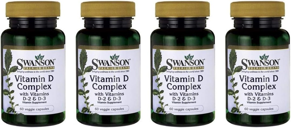 Swanson Witamina D Complex with Vitamin D2 & D3 - Kompletny Sunshine Witamina Complex for Bone, Dental & Immune Health - Suplement Witaminy (50 µg, 60 kapsułki wegetariańskie) 4 opakowania