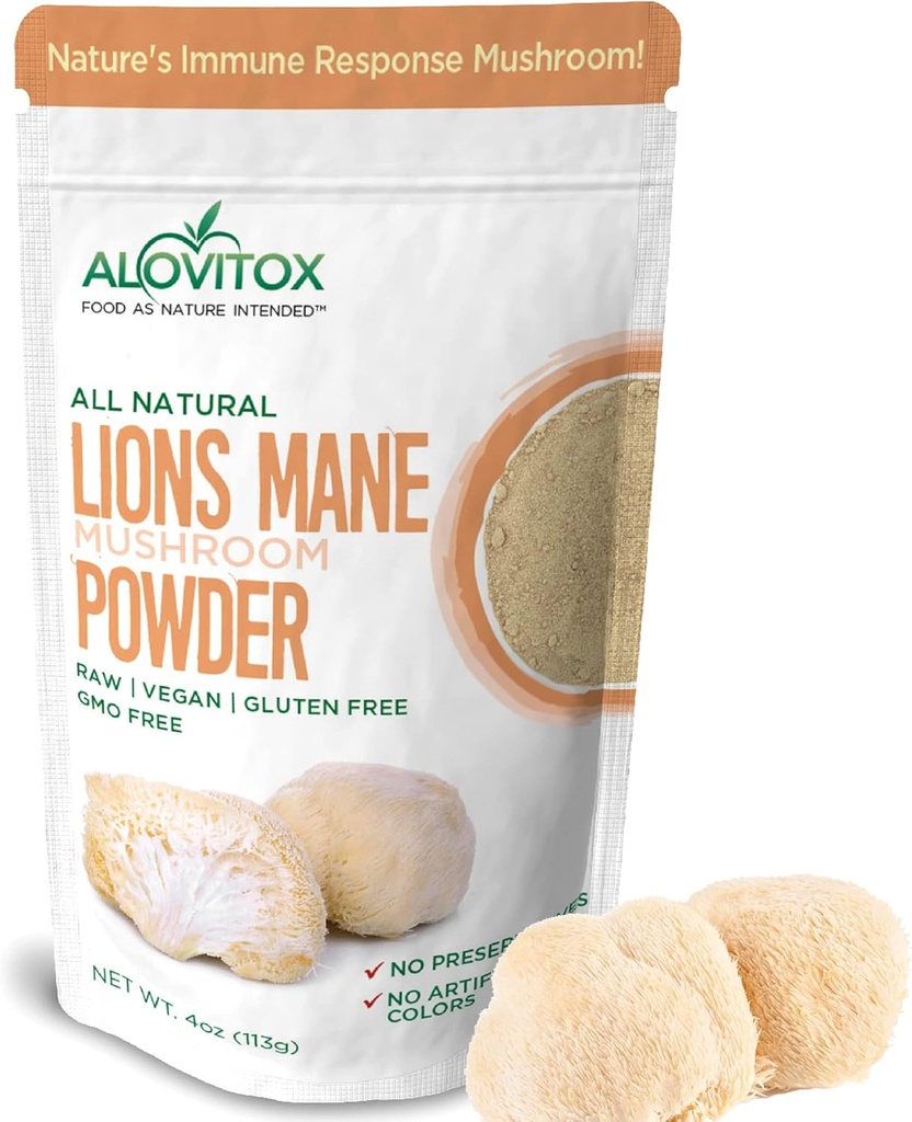 Alovitox Organic Lion 's Mushroom Mane proszek 124; Natural Superfood for Brain, Energia & Zdrowie immunologiczne, Zapewnia wsparcie neurologiczne, GI Ochrona, korzyści sercowo-naczyniowe 124; Non-GMO, Wegan, Gluten- Free 124; 4 oz