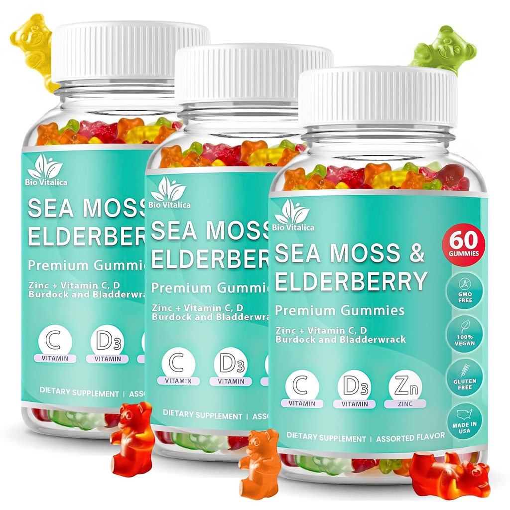 BIO VITALICA Sea Moss Gummies Elderberry BioVitalica - Witamina C D + Cynk - Irish Seamoss Vegan Gummy z Sea Moss żel & Proszek dla odporności, Detox - dla dorosłych i dzieci (3Packs)