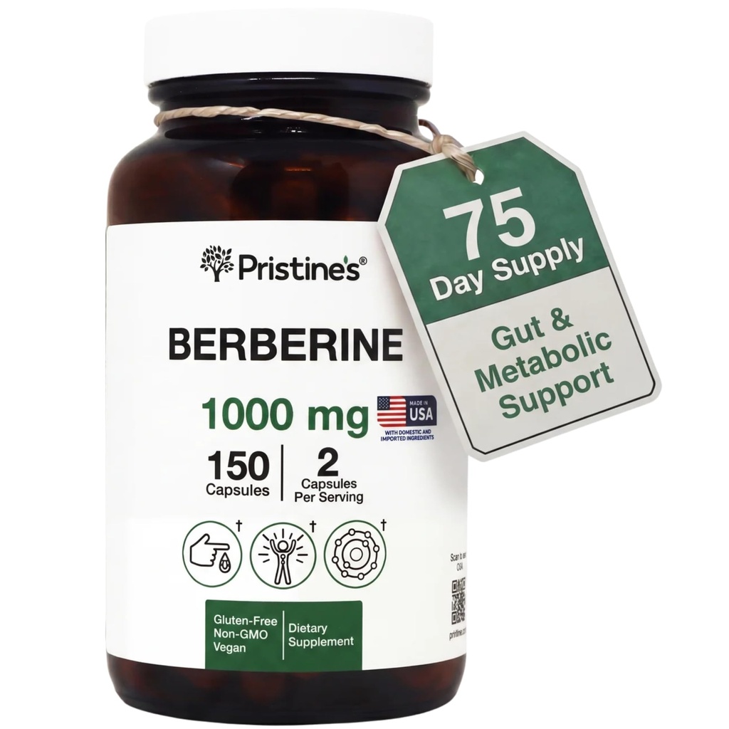 Suplement Berberynowy PRISTINE kapsułki - 1000 MG 75 Day Supply 150 Kapsułki - Serce, & Immunitet Wsparcie dla Zdrowia Przeciwutleniacz - Trakt spożywczy & Zdrowe Gut Flora Wsparcie