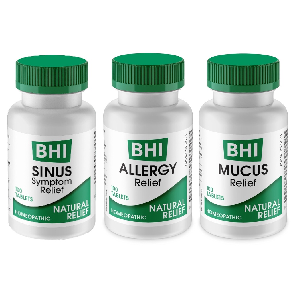 MediNatura BHI Multi Symptom Flare- Up Defense Bundle Sinus Relief Tablets (100) Mucus Relief Tablets (100) + Allergy Relief Tablets (100) Homeopatic Relief - Fast- Acting, Quick- Disolve