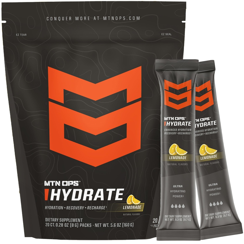 MTN OPS Hydrate Electrolytes Powder Drink Mix, 20 Pojedyncze opakowania elektrolitów z ponad 1000mg elektrolitów na jedną porcję, Lemonade