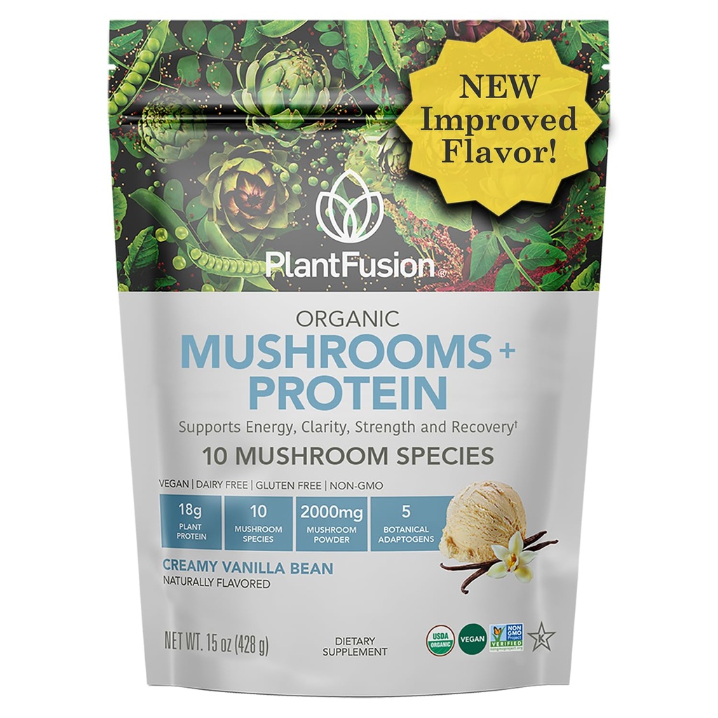 Proszek z białka grzybowego Plantfusion - 3 w 1 proszku z białka wegańskiego, suplement do grzybów i suplement Adaptogen - Wsparcie dla mentalnego skupienia, odporności i odzysku - Vanilla 1lb