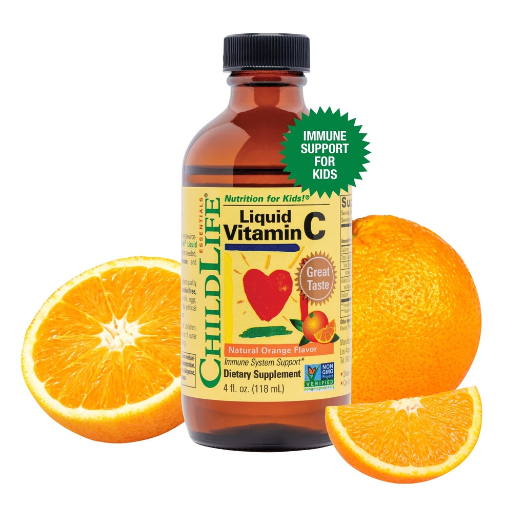 CHIDLIFE ESCENTIALNY Witamina C - Czysty suplement płynny witaminy C dla dzieci, dzieci, i dzieci, Wsparcie układu immunologicznego, Naturalny aromat pomarańczowy, 4 Fl Oz (Opakowanie 1)
