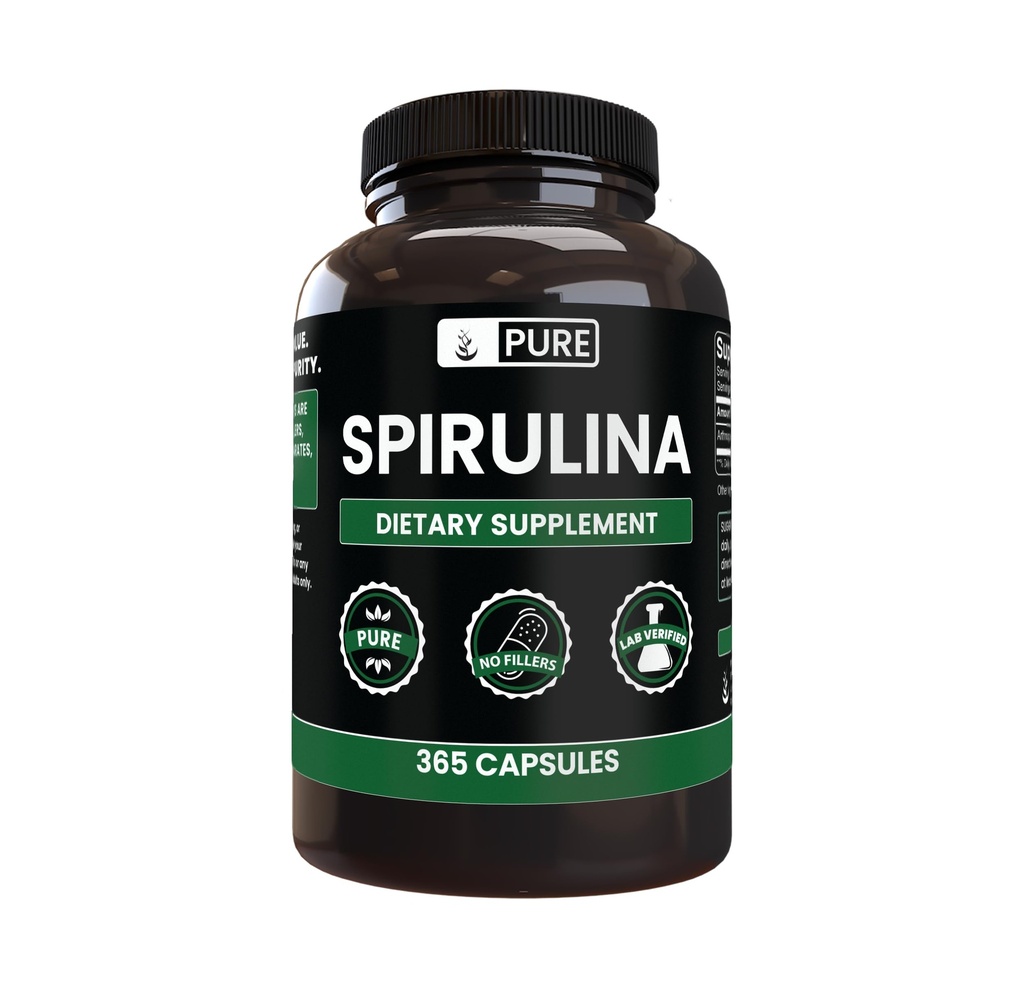 Pure Original Składniki Spirulina (365 Kapsułki) No Magnezu lub wypełniacze ryżu, Zawsze Czysty, Laboratorium zweryfikowane