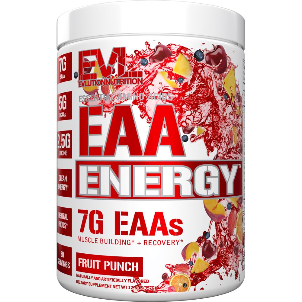 Evlution Nutrition EAA Energy - Powder Pre & Post Workout - Muscle Building & Recovery Supplement - 7g Essential Acids + 5g BCAA - Clean Energy - z kofeiną - 30 Słupki - Fruit Punch