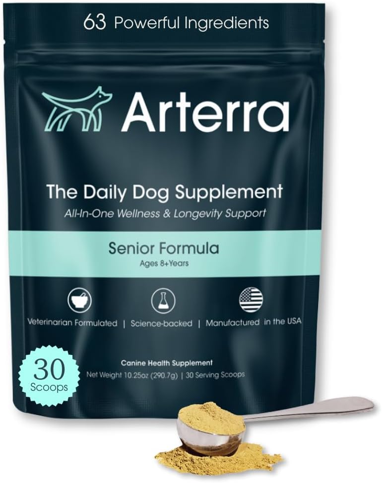 Senior Dog Powder Supplement & Food Topper - 63 Składniki do Joint, Gut, Immune & Brain Health - Daily Longevity Multivitamine z Glukozaminy, Probiotyki i oleju rybnego 124; 30 Scoops