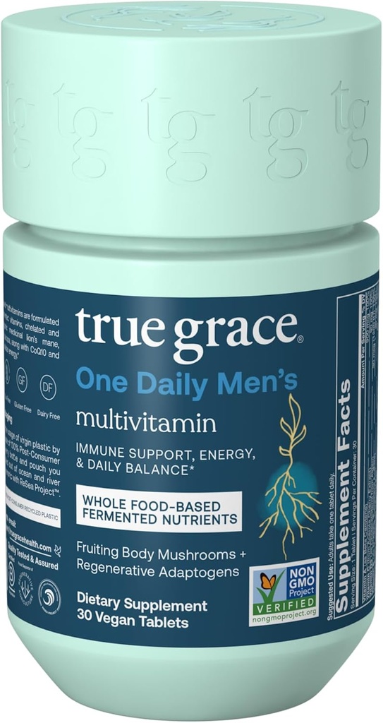 True Grace One Daily Men’s Multivitamin Fermented Minerals, Organic Adaptogens & Mushrooms Whole Body Balance Immune, Endurance, Bone & Heart Support - Non-GMO, Gluten Free - 30 Vegan Tablets