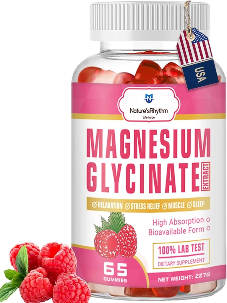 Rhythm Magnezu Gummies 500mg - 65 Ct < 124; Magnezu Glicynian Suplementy do relaksacji, Stress Relief i Sen dla dorosłych & Dzieci Smaczne i Tangy Malina Flavor