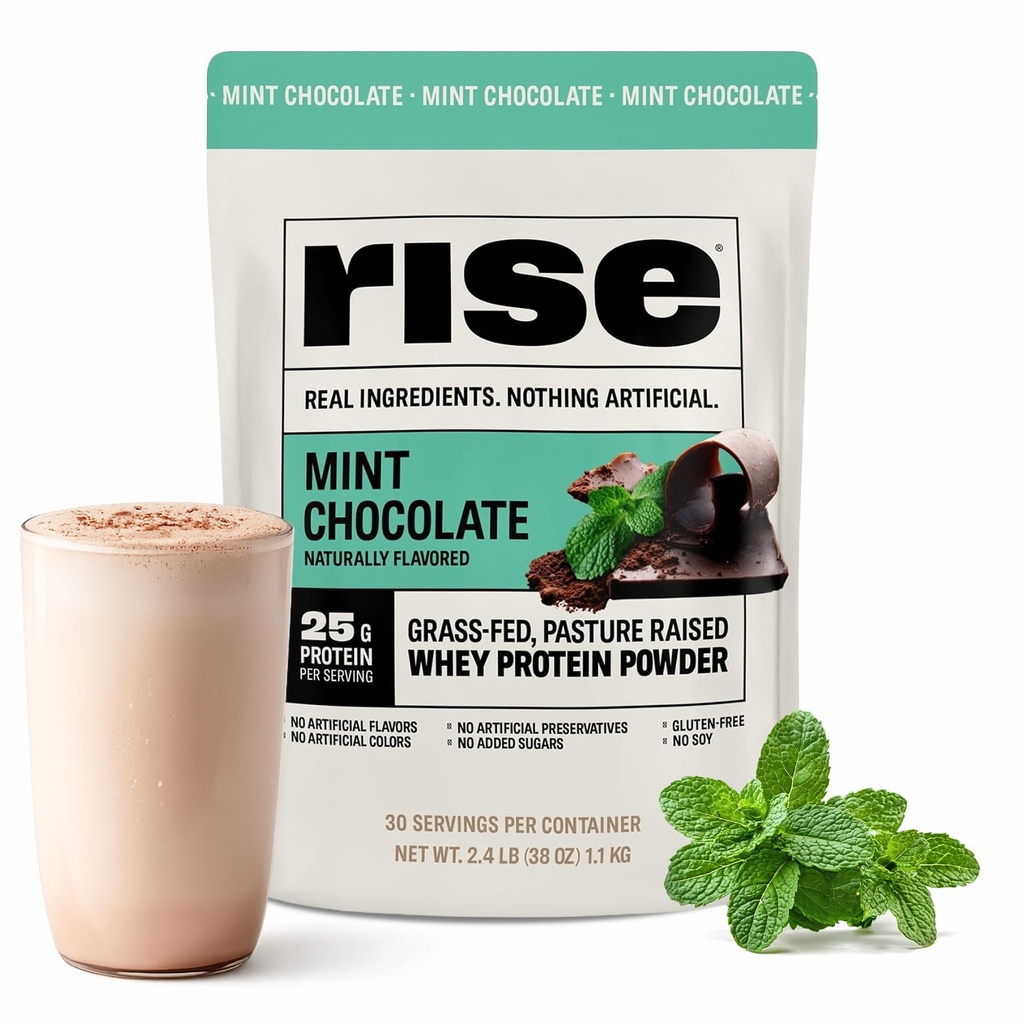 Rise Grass- Fed białka serwatki w proszku - mięta czekoladowa 124; 25g białka bez sztucznych aromatów, kolorów lub środków konserwujących - bez cukru, bez glutenu, bez soi (2.4 lbs)