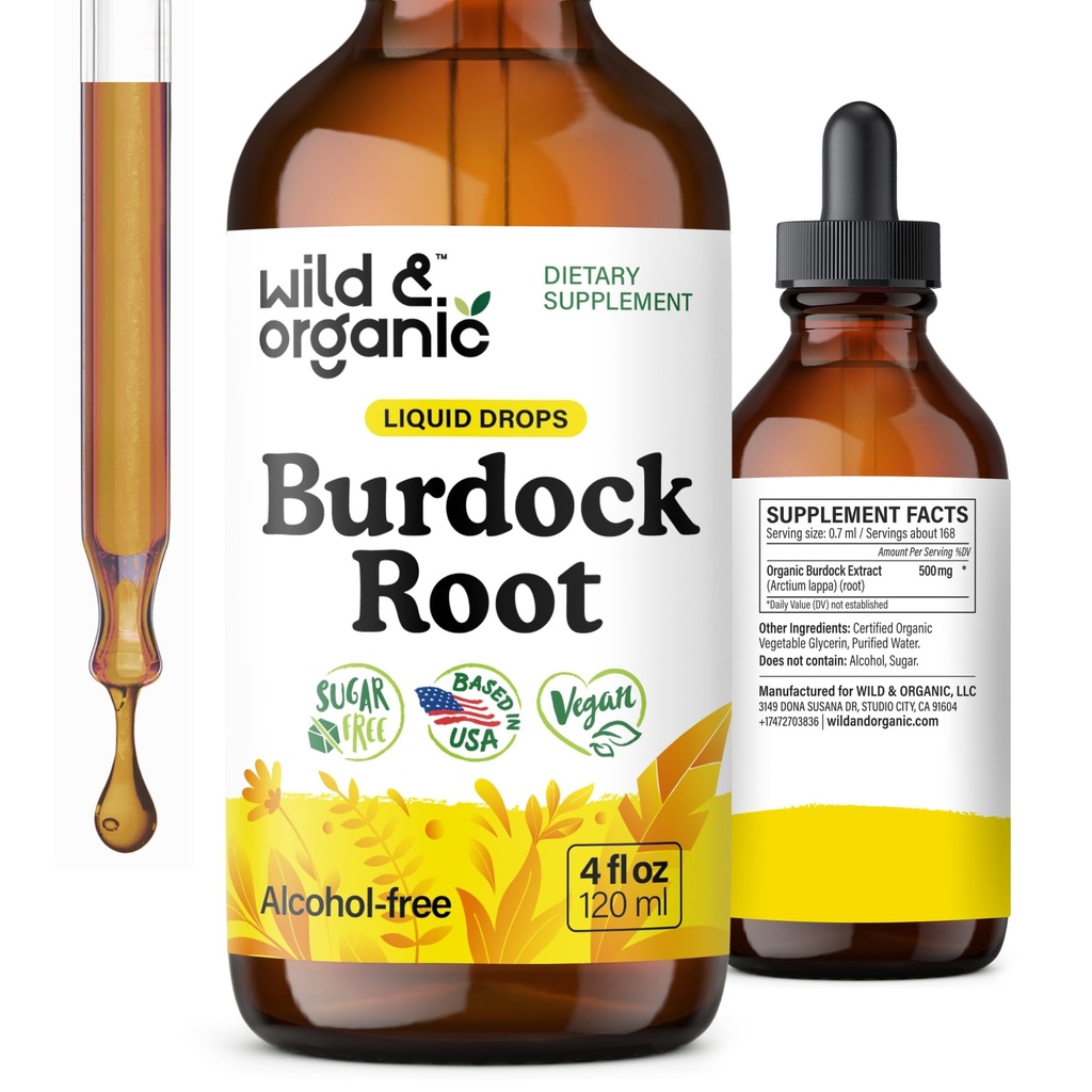 Wild & Organic Burdock Root Tincture - Płynny suplement do antyoksydantu, Detox, Digestive Support - Burdock Root Herb Drops - Wegan, Cukier i Alkohol - 4 fl oz