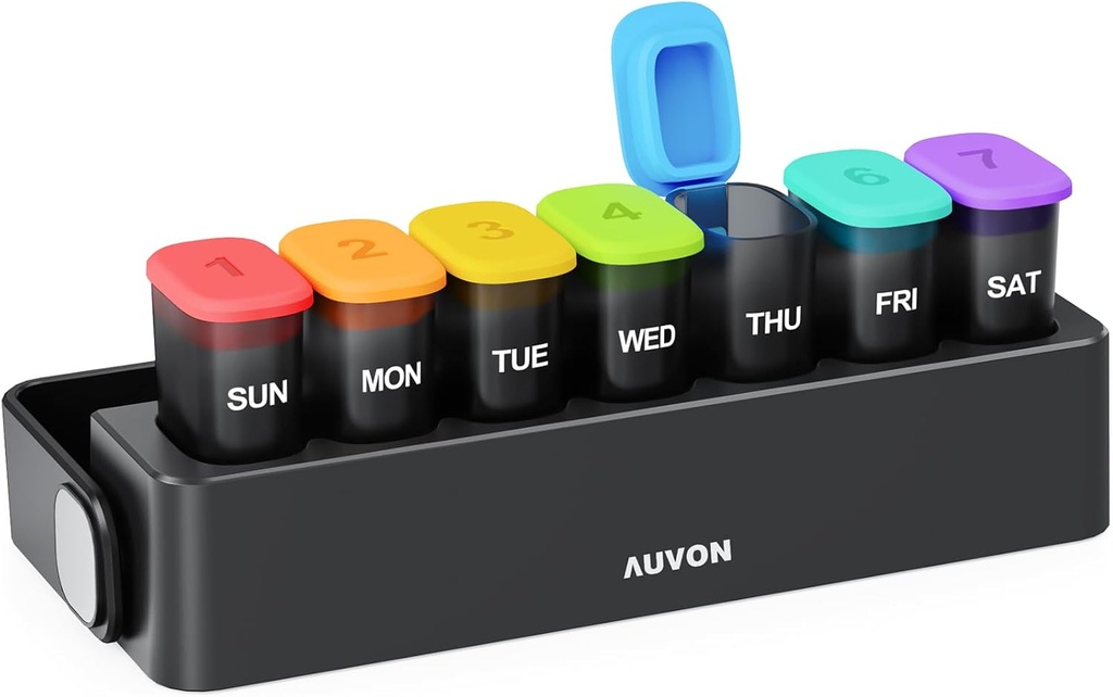 AUVON Moisture- Dowód Cotygodniowy Pill Organizator z Locking Design, Sleek Pill Box 7 Dzień Łatwy w użyciu, Black Pill Case for Privacy Protection, Pill Holder for Medications, Witaminy, Oleje rybne, Suplementy
