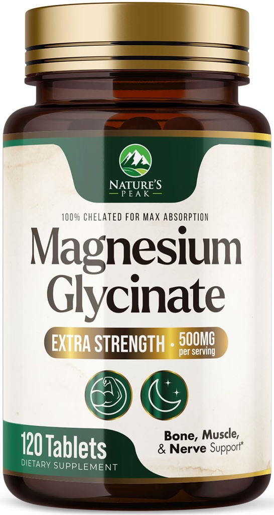Glicynian magnezu 500 mg - Chelatowany dla Ultra Wchłanianie - Wspiera kości, mięśnie, Nerwy i Heart Health, Nature 's Sleep Support, Najlepszy suplement magnezu Pigułki dla całego ciała Wsparcie - 120 Tabletki