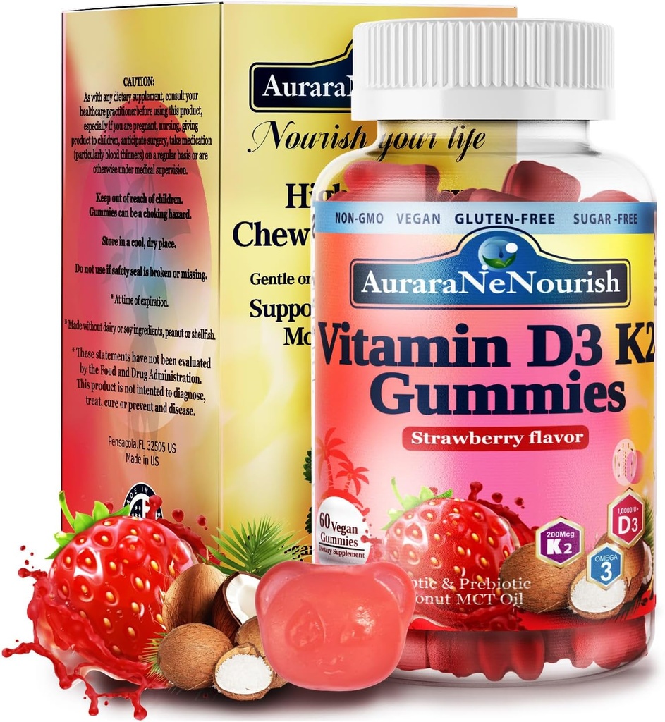 D3 K2 Witamina 10000 j. m., Witamina wolna od cukru D3 K2 Gummies w. Pro & Pre, Witamina do żucia D3 i K2 (MK- 7) Suplementy dla kości, zębów, immunologiczne, Heart & Digest Health, Wchłanianie wapnia