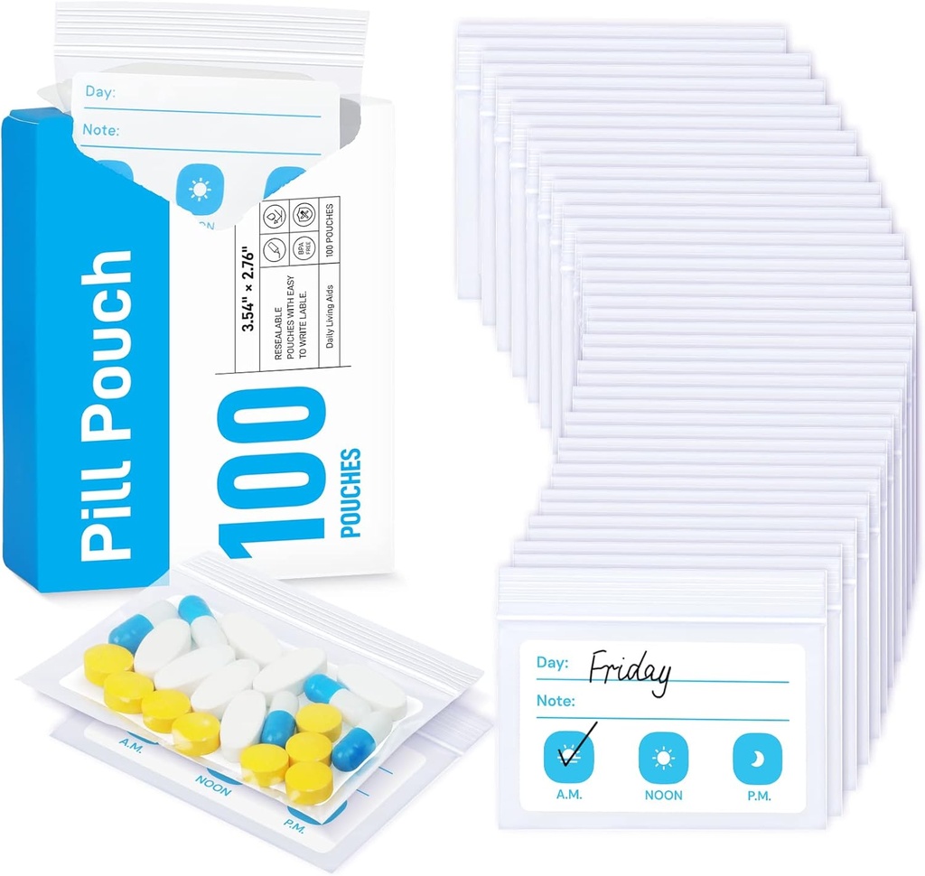 ZIKEE Pill Bags for Travel, wielokrotnego użytku Pill Pouches BPA Free 2.75 "x 3.54", Daily Medicine Bags with XL Pojemność dla 24 Oleje rybne, Witamina Organizator z Customizable Write- on Area (100 Count)