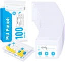 ZIKEE Pill Bags for Travel, wielokrotnego użytku Pill Pouches BPA Free 2.75 "x 3.54", Daily Medicine Bags with XL Pojemność dla 24 Oleje rybne, Witamina Organizator z Customizable Write- on Area (100 Count)