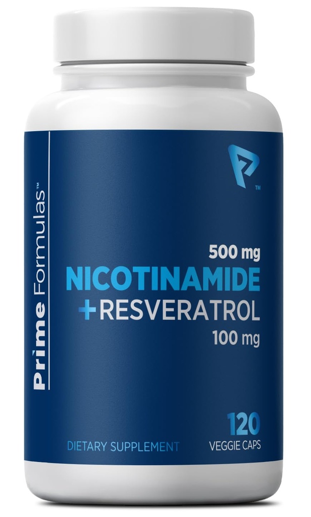 Nikotynamid 500 mg z Resveratrol 100 mg 120 Kapsułki wegetariańskie - Witamina B3 niezmodyfikowana genetycznie, Wspiera zdrowie metaboliczne, NAD +, Komórka skóry & Mitochondrialna produkcja energii. Made in USA for Men and Women