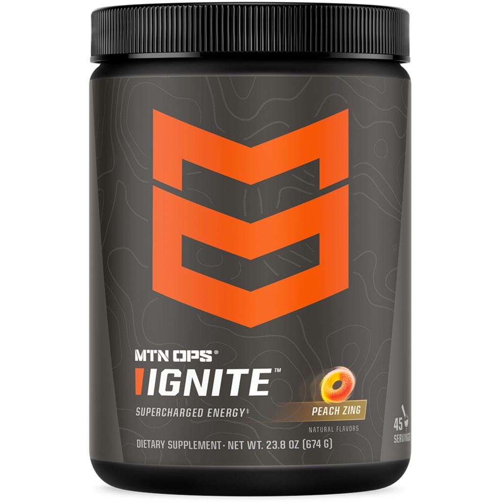 MTN OPS Ignite Energy Drink Powder, Gluten Free Nootropic Supplement Drink Mix, L Arginina, L Cytrulina, Kofeina i Nootropic Sugar Free Drink Mix, 45 Servings, Peach Zing