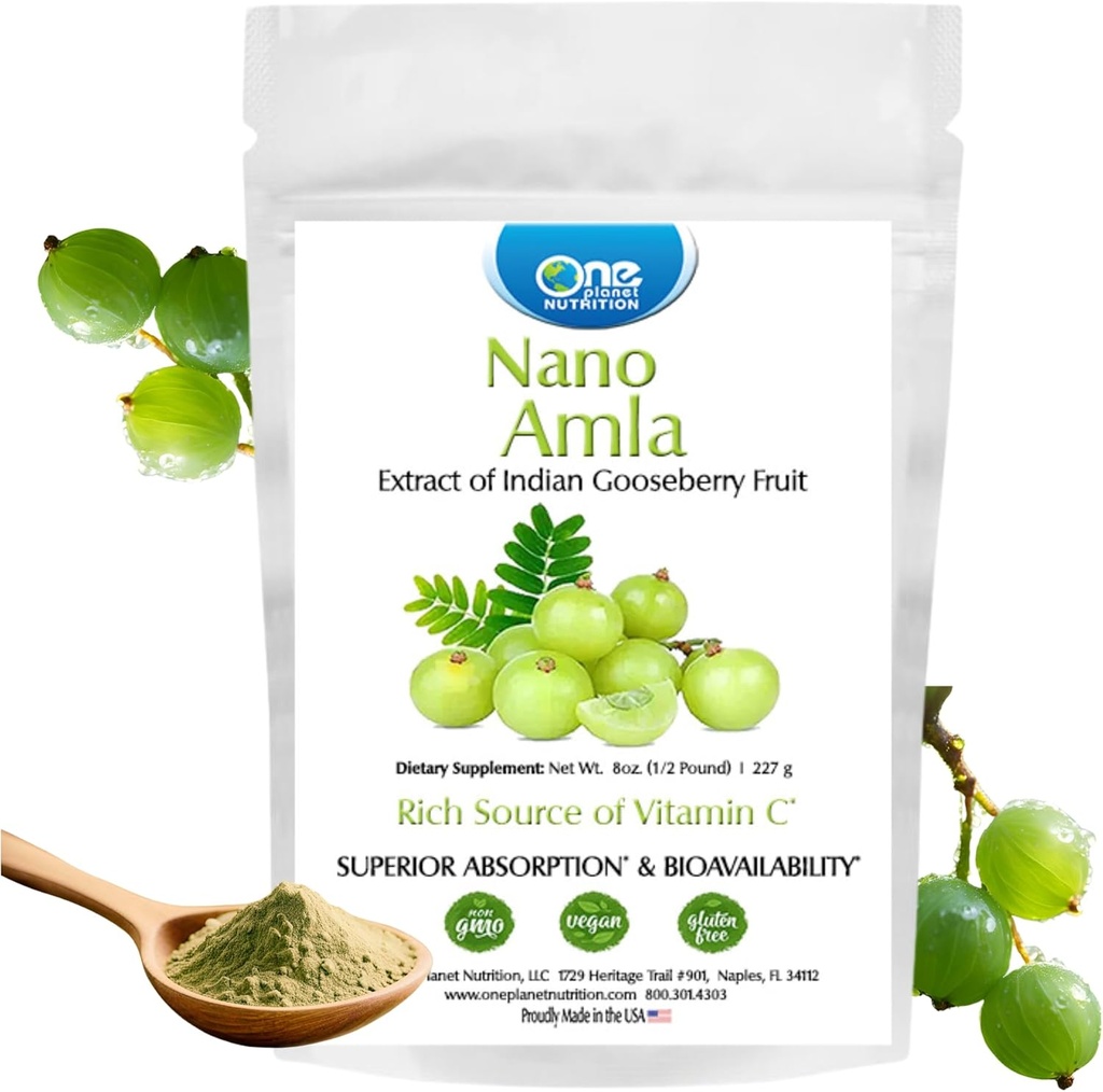 One Planet Nutrition Nano Amla Powder 8 oz (227 Servings), Amla Fruit Extract, Wysoka witamina C do produkcji kolagenu i wsparcia immunologicznego, Excipient- Free, Non-GMO, Wegan, Gluten- Free