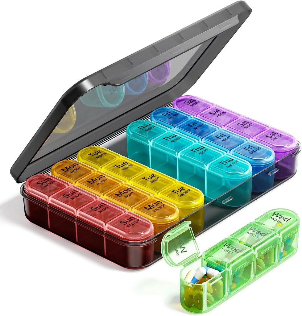 Odaro Cotygodniowy Pill Organizator 4 razy dziennie, BPA Free Daily Pill Box 7 Day, Duży Pill Travel Case z 28 Składniki do trzymania medycyny, Witamina i suplement
